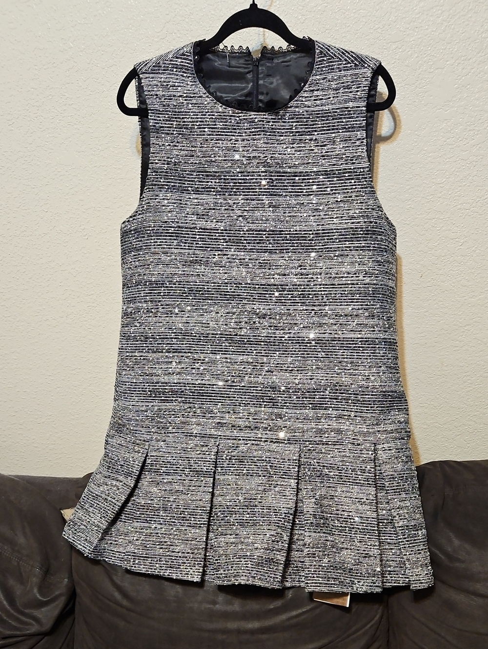Sleeveless Sparkle Tweed Lined Mini Dress in Black and Silver - Picture 1 of 8